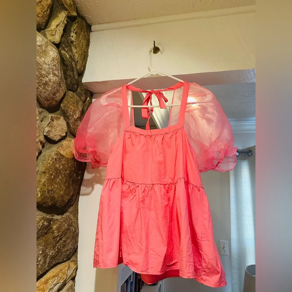 Tuckernuck $128 Pomander Place Tinsley Mesh Puff Sleeve Top in Pink Size Small